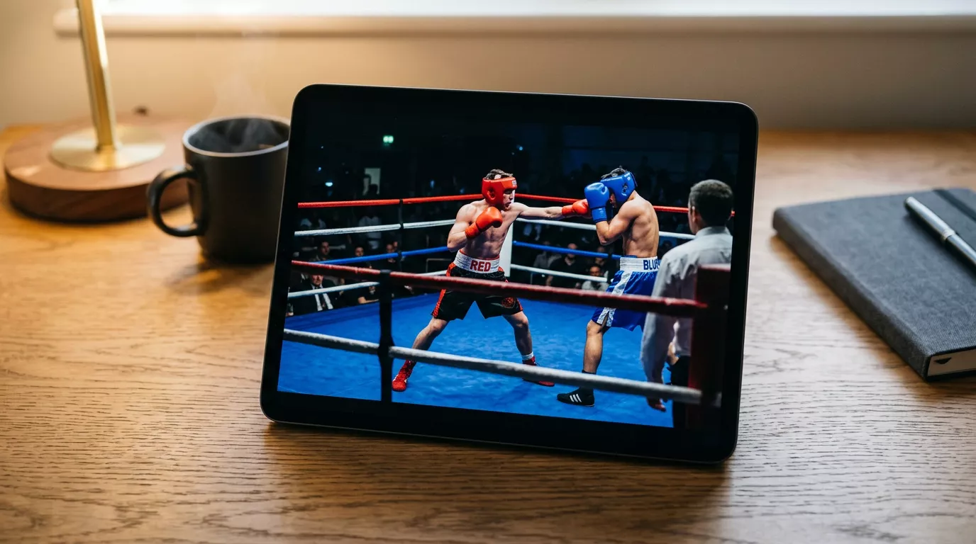 Tablet mit Boxkampf-Übertragung auf einem Holztisch, Halbnahaufnahme